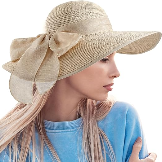 Beach Sun Hats for Women, Straw Hat for Women UPF 50+ UV Sun Protection Summer Hat Foldable Roll up Cap