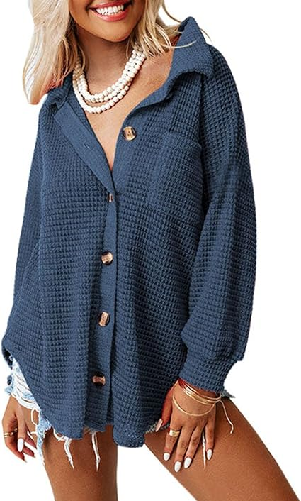 Dokotoo Womens Waffle Knit Shacket Jacket Casual Long Sleeve Button Down Shirts Dressy Blouses Tops