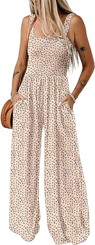 Dokotoo Women's Casual Loose Overalls Jumpsuits One Piece Sleeveless Printed Wide Leg Long Pant Rompers With Pockets