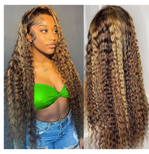 Highlight Ombre Lace Front Wig Human Hair 26 Inch 13X4 Deep Wave Honey Blonde Glueless Pre Plucked HD Lace Frontal Wigs 180% Density Curly Water Wave Wigs