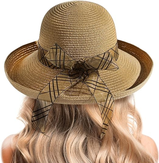 Beach Sun Hats for Women - Wide Brim Straw Womens Summer Hat with Wind Lanyard Roll Up, Foldable Beach Hat UV Protection